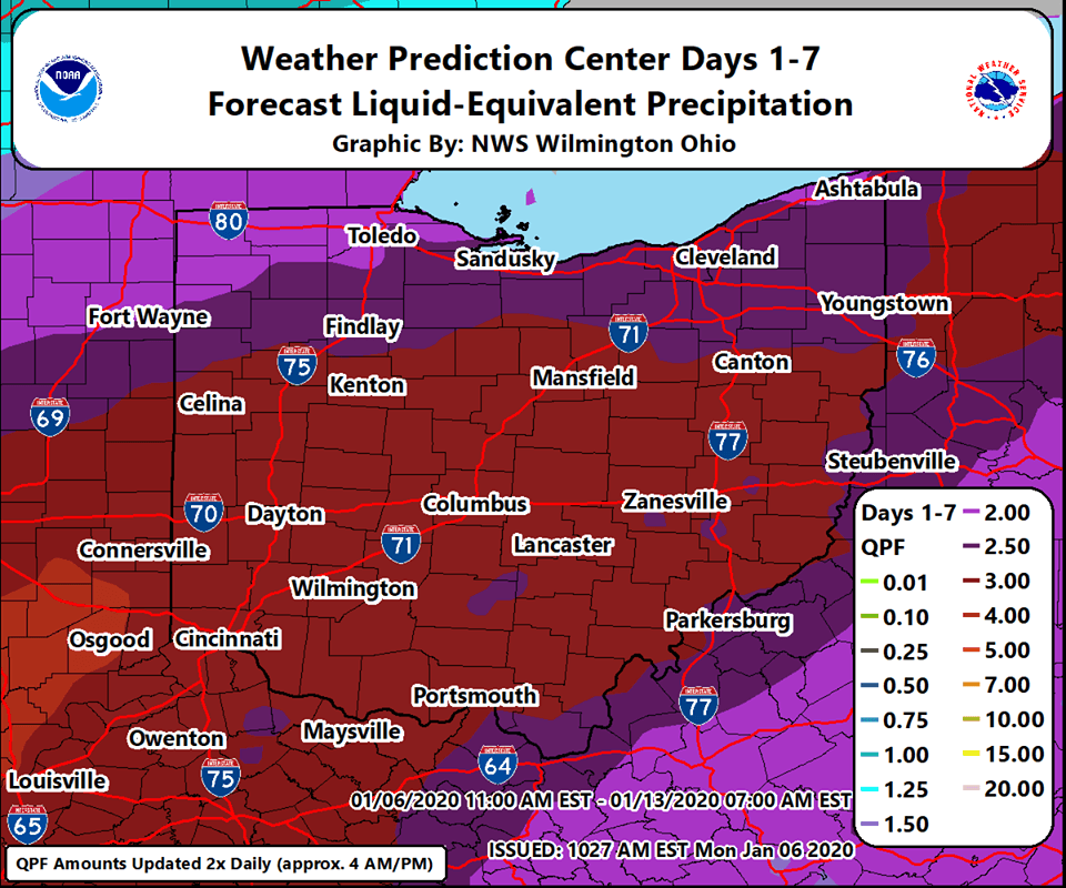 National Weather Service Liquid-Equivalent Precipitation Forecast Map for Ohio