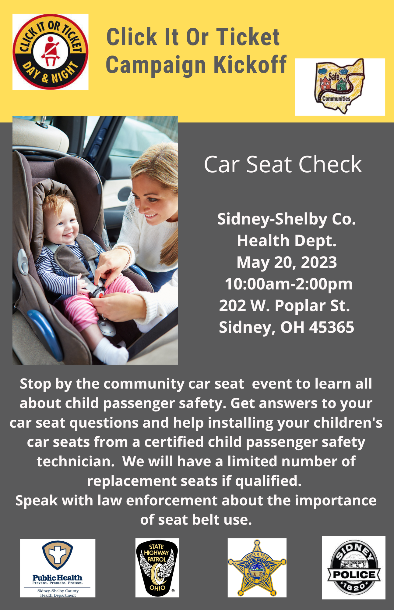 Flyer for free child car seat inspection program May 20