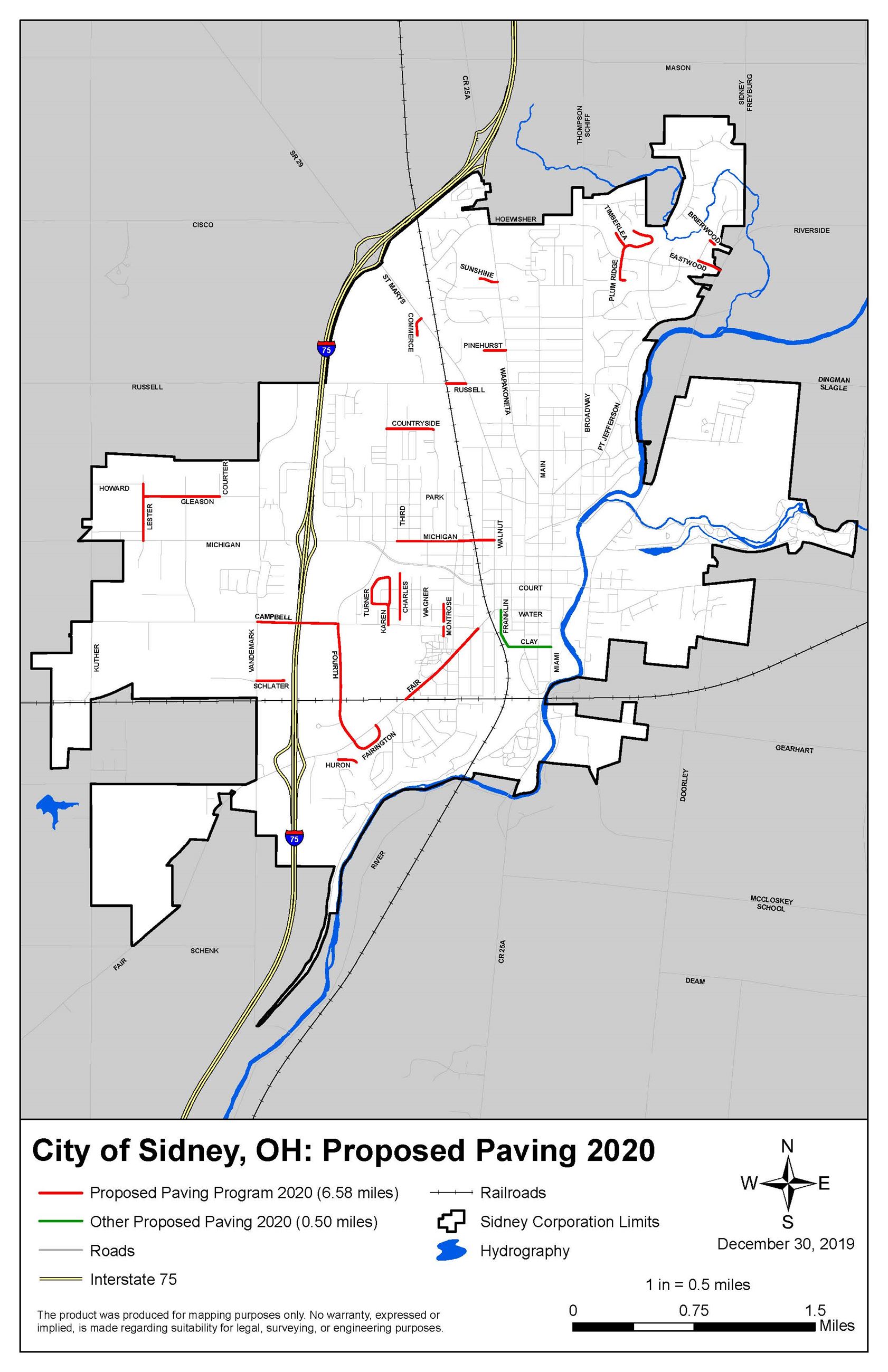 Map of Sidney that highlights the streets selected for paving in the 2020 program